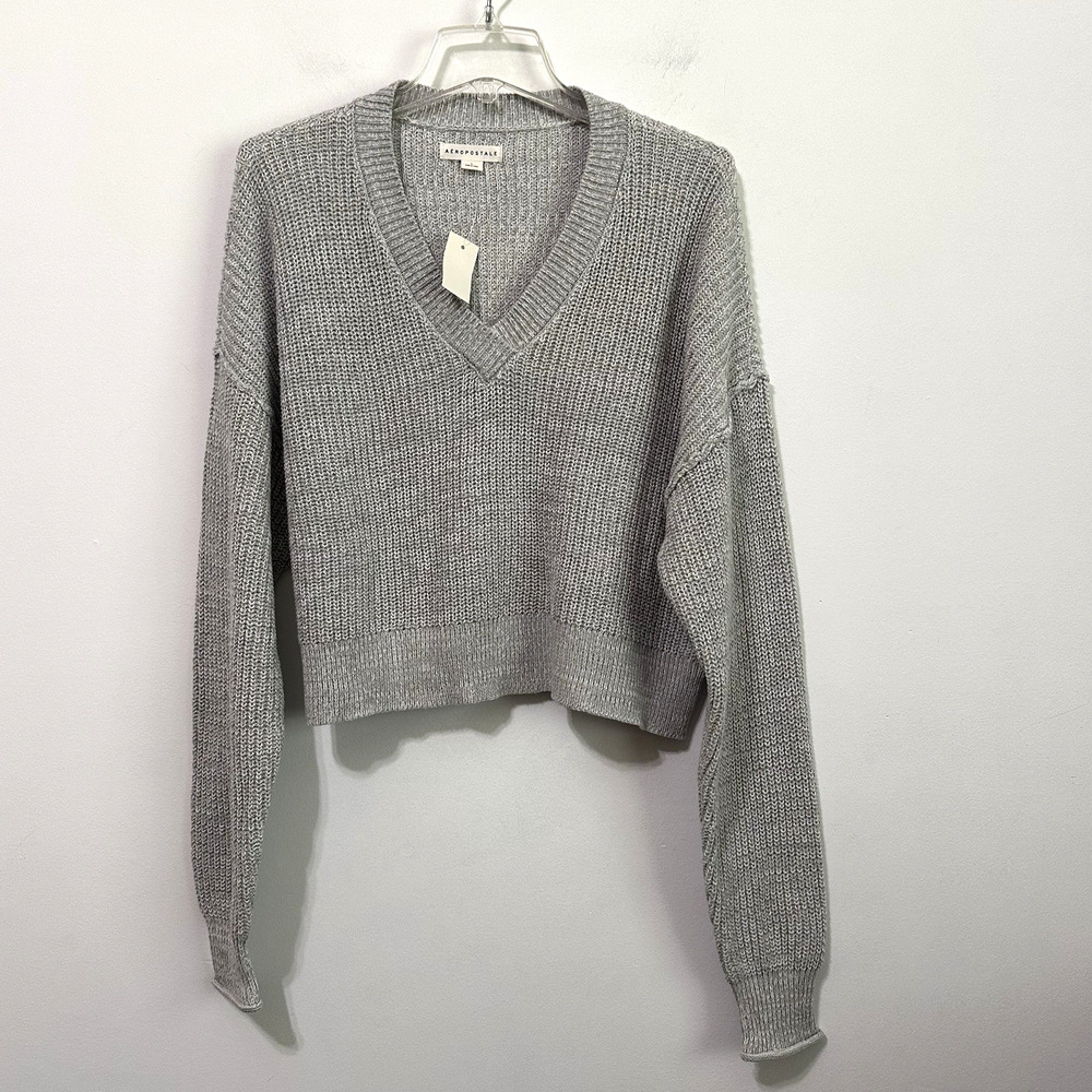 Aeropostale V Neck Sweater L‎ Grey Cropped Long Sleeve Chunky Knit Womens NEW
